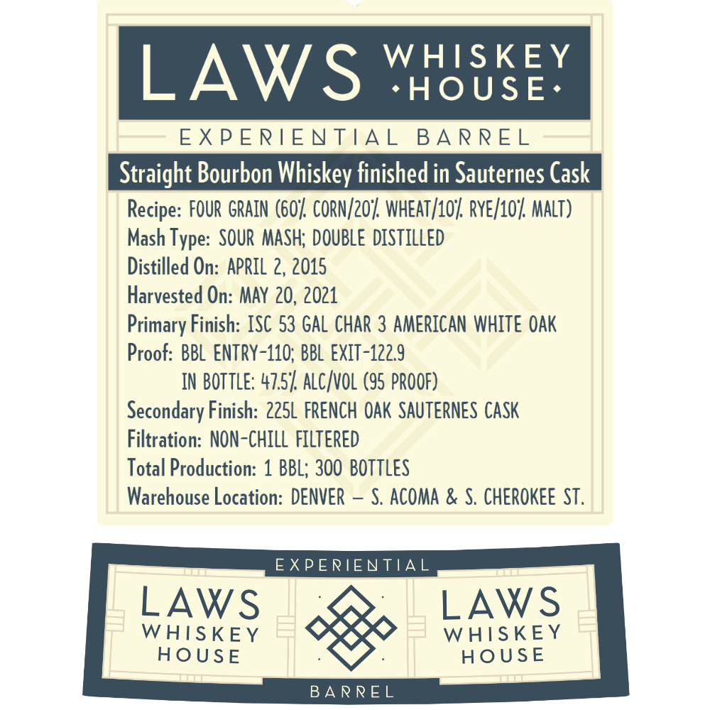 Buy Laws Experiential Barrel Straight Bourbon Finished in Sauternes Casks Online