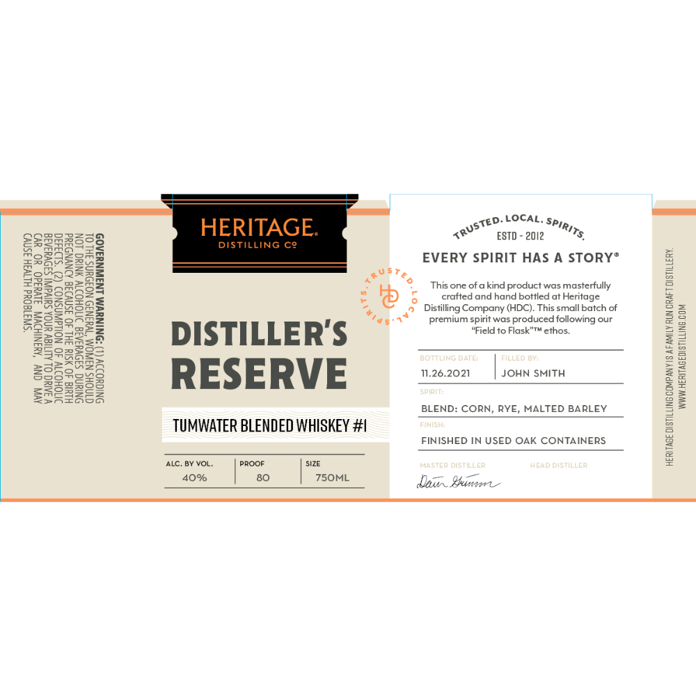 Buy Heritage Distilling Distiller’s Reserve Tumwater Blended Whiskey #1 Online