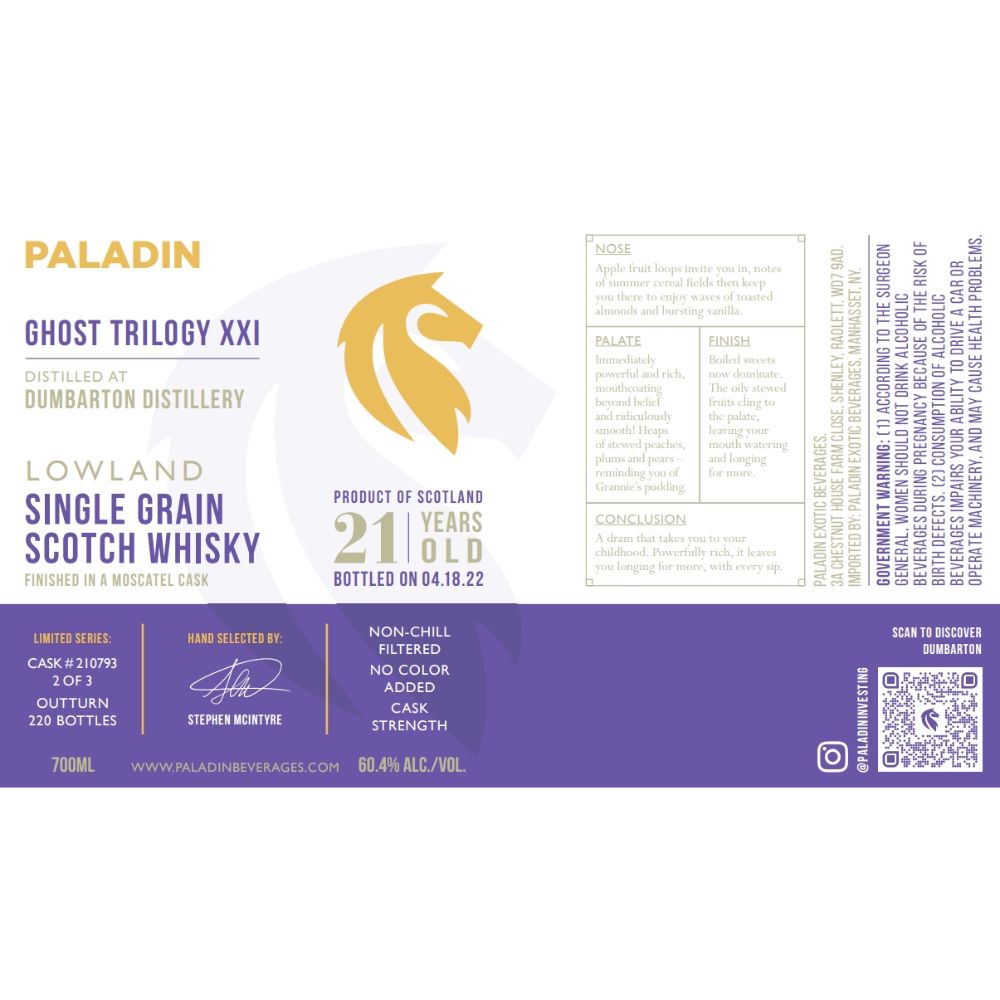 Buy Paladin Ghost Trilogy XXI Dumbarton Distillery 21 Year Old 2022 Online